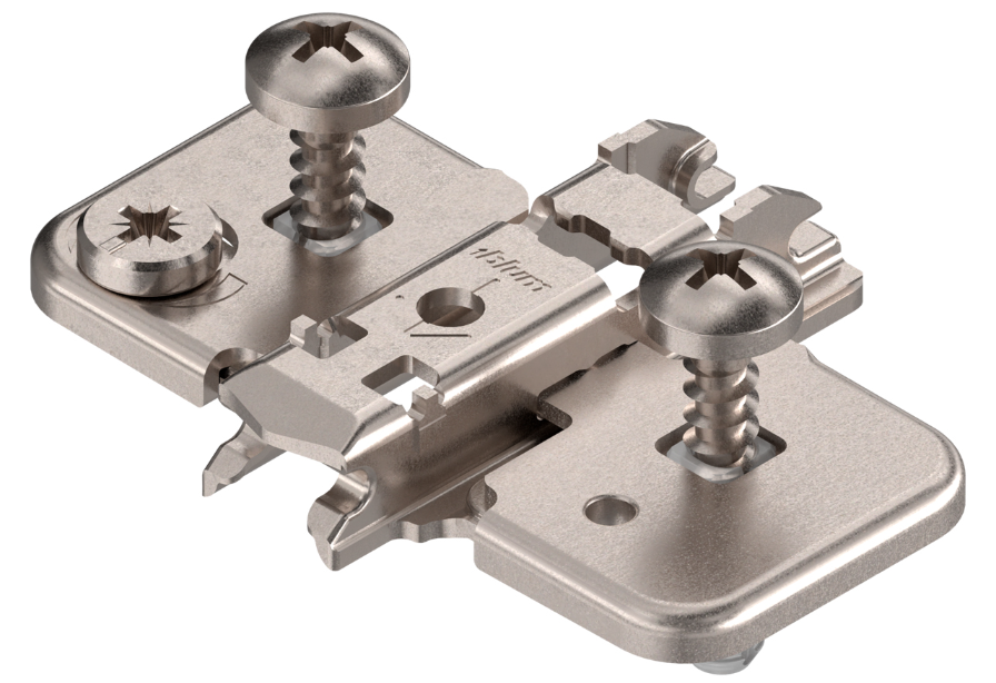Blum 0mm cruciform cam mounting plate with split dowels and screws