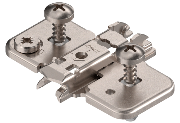 Blum 0mm cruciform cam mounting plate with split dowels and screws
