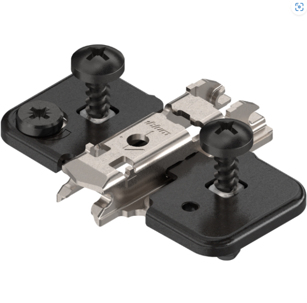 Blum 0mm cruciform cam mounting plate with split dowels and screws. Onyx Black.